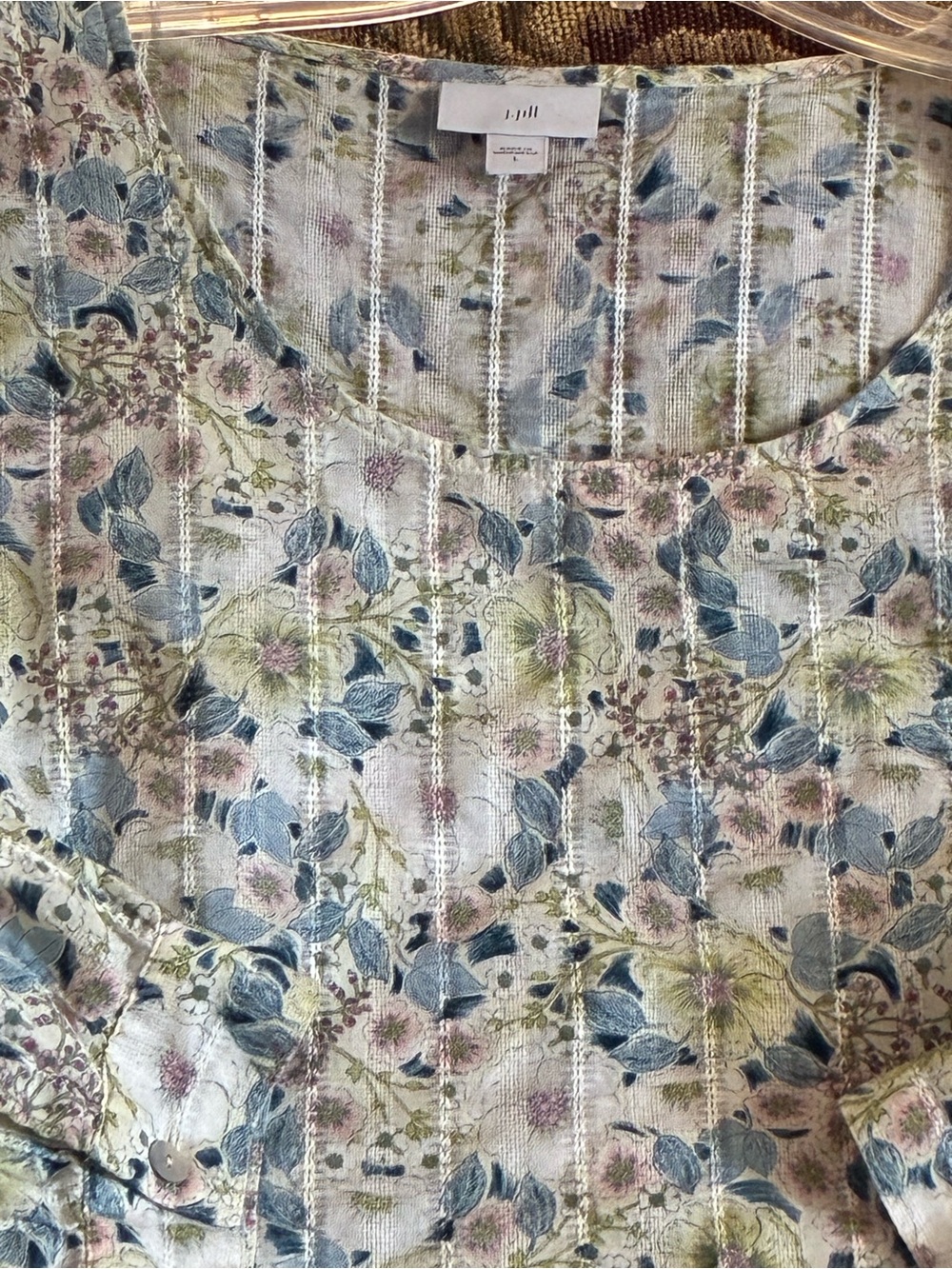 J. Jill tiered peplum top size L white blue floral boat neck textured cotton - Picture 3 of 4